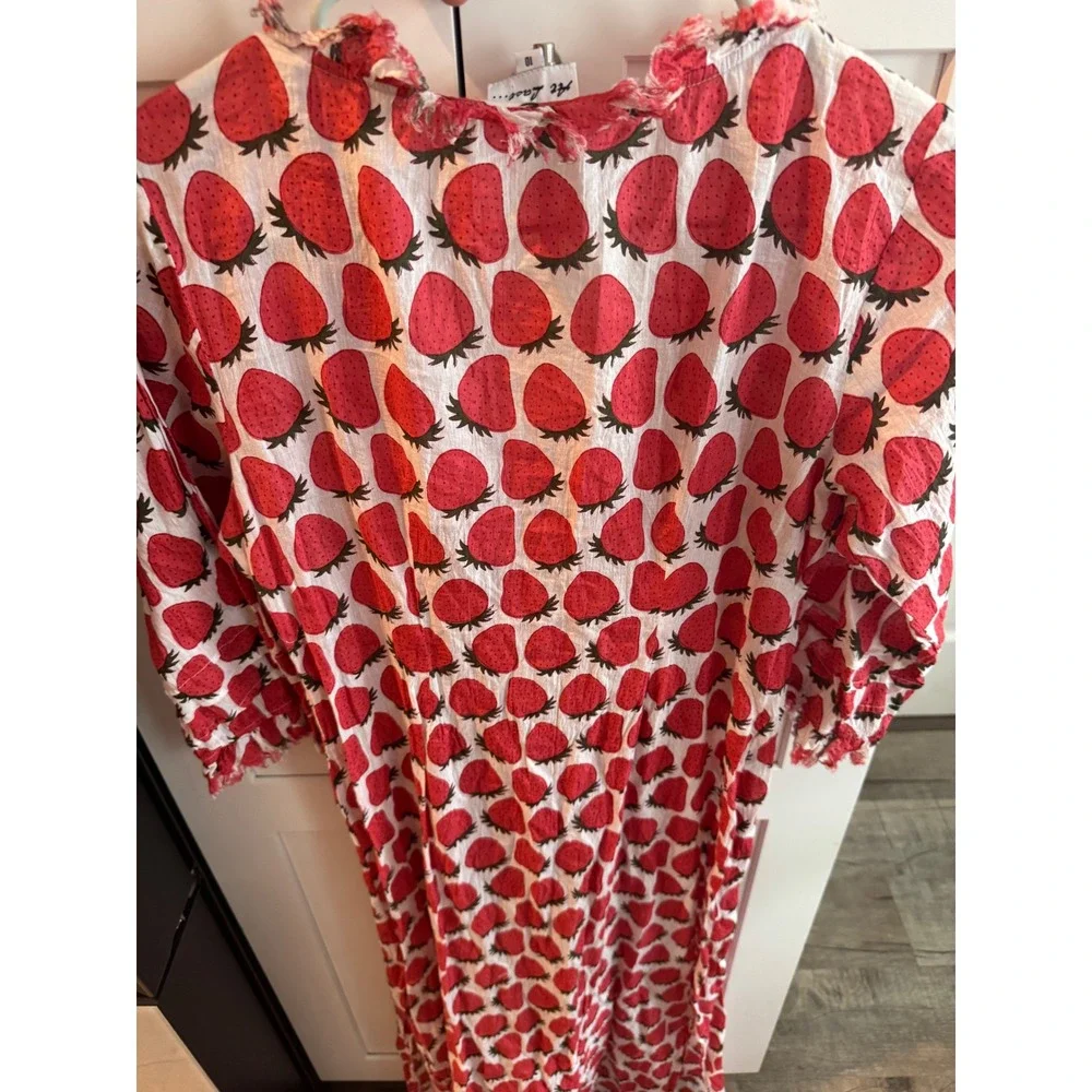 At Last Strawberry Print Midi Dress Red White Frayed Edge Size 10 Cottagecore